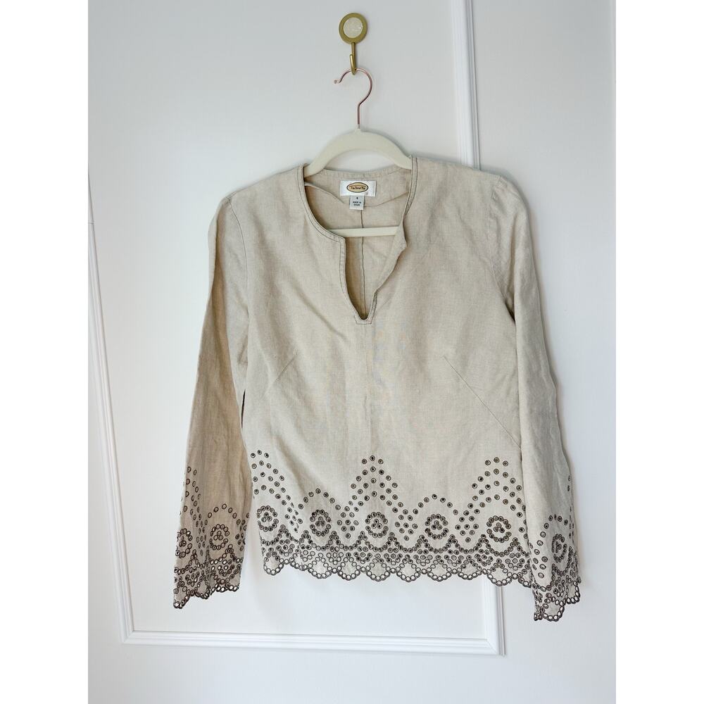 Talbot's 100% Linen Long Sleeve Lace Trimmed Top Size 4